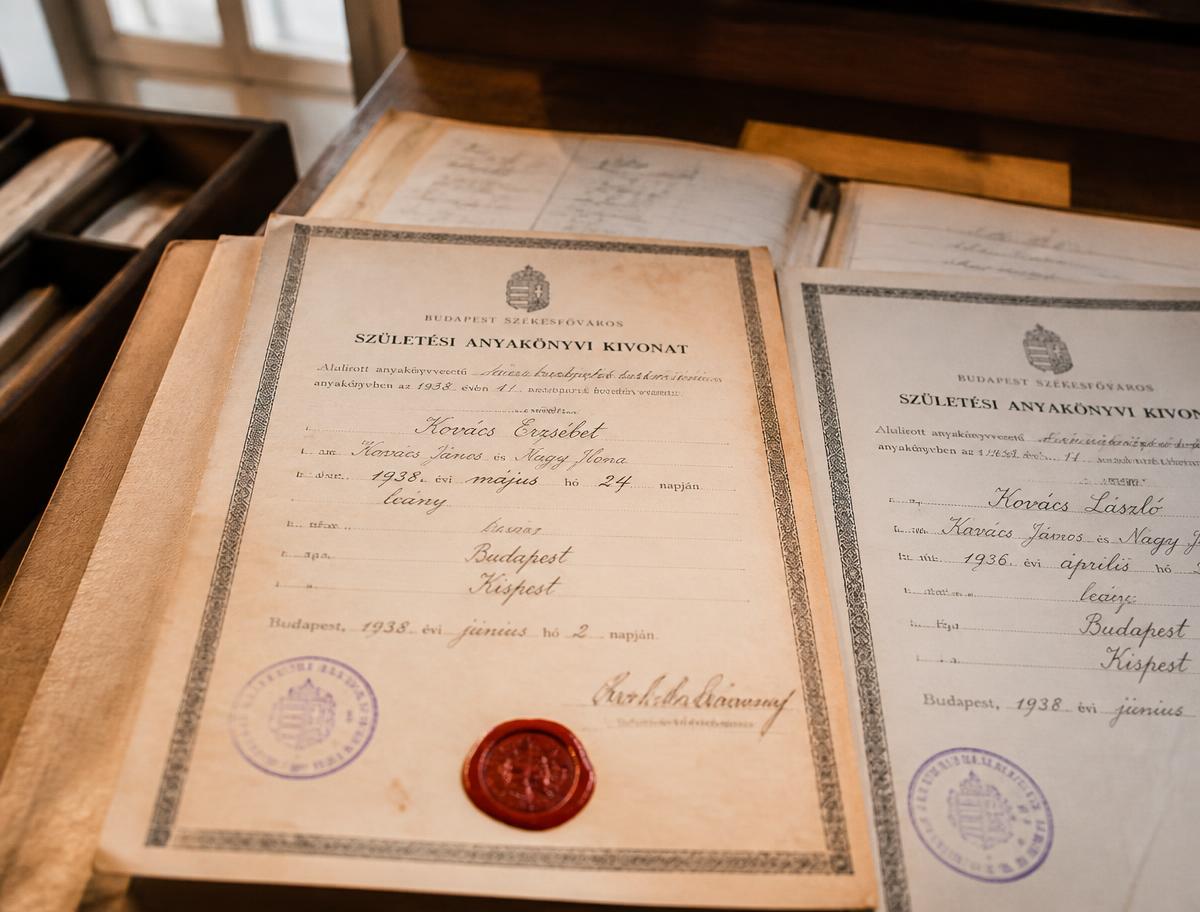 Aged Hungarian archival birth certificates with a wax seal