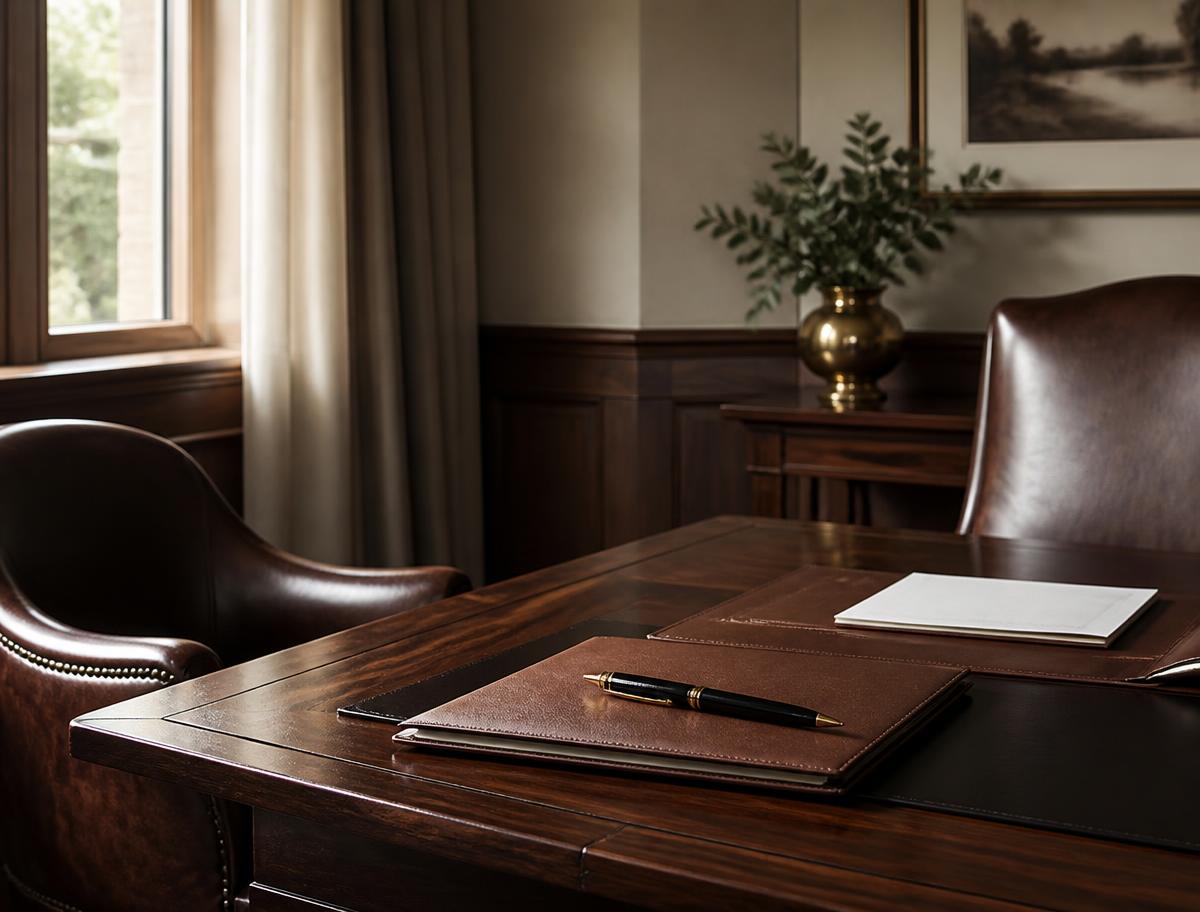 Warm wood-panelled consultation room with leather chairs